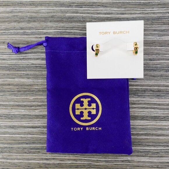 Tory Burch Serif-T Enamel Huggie Hoop Earrings Green OS - Picture 4 of 12